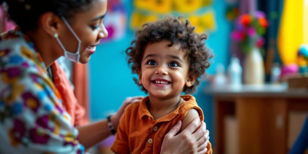 Anak menerima vaksin polio dengan tenaga medis.