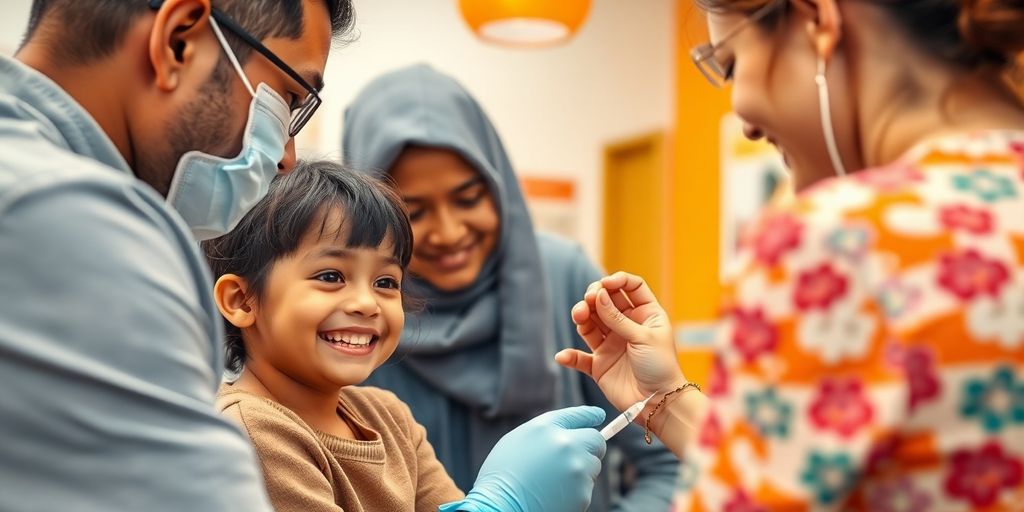 Keluarga bahagia saat anak menerima imunisasi.