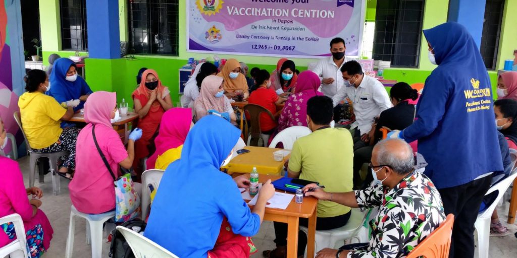 Pusat vaksinasi di Depok dengan orang-orang yang divaksin.