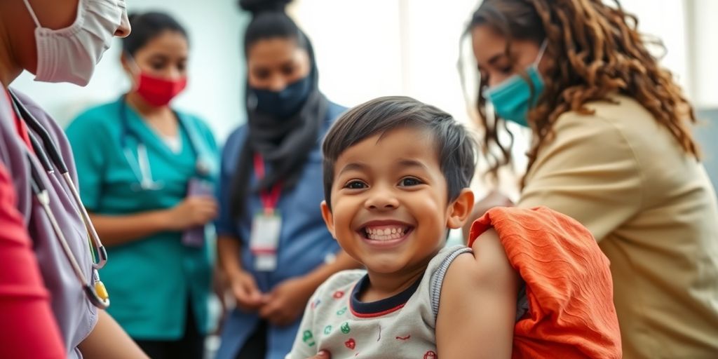 Anak menerima imunisasi di klinik dengan senyuman.